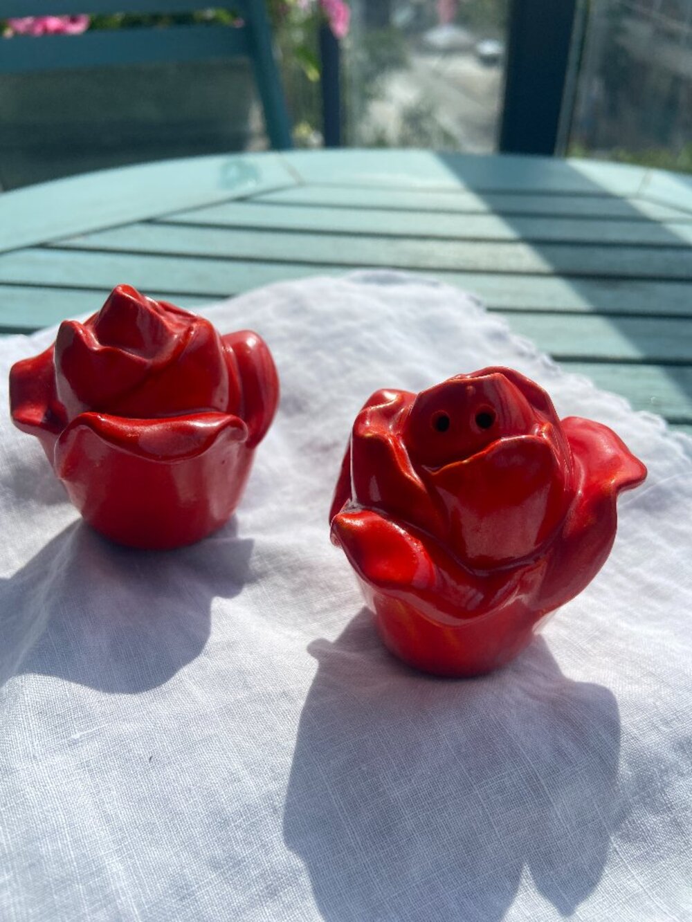 Vintage Red Rose Salt & Pepper Shakers Pair Japan Mid Century Ceramic MCM